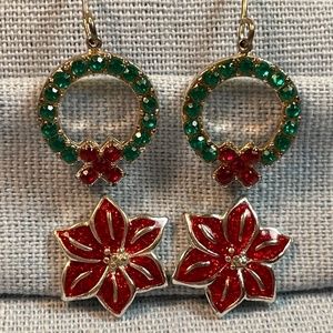 Holiday Rhinestone Wreath & Enamel Poinsettia Silver Tone Pierced Earrings